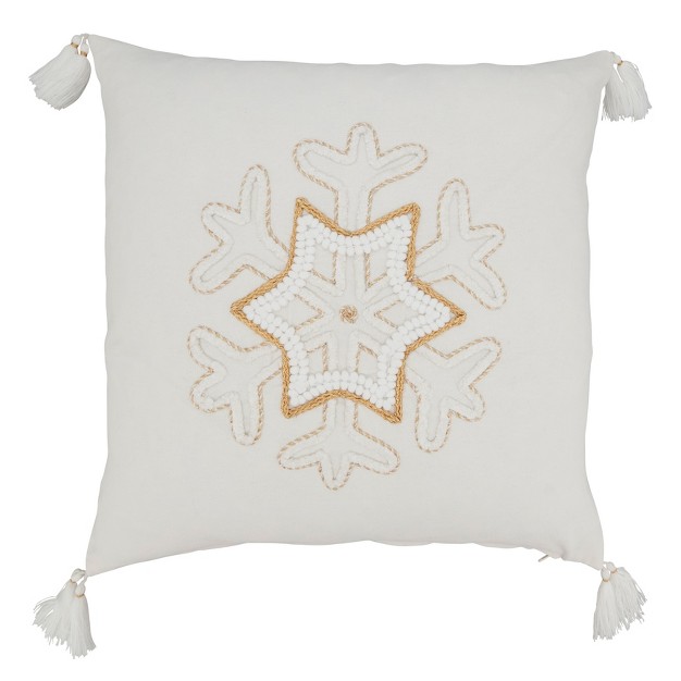 Saro Lifestyle Festive Frost Snowflake Poly Filled Throw Pillow With Tassels 18 quot Gold