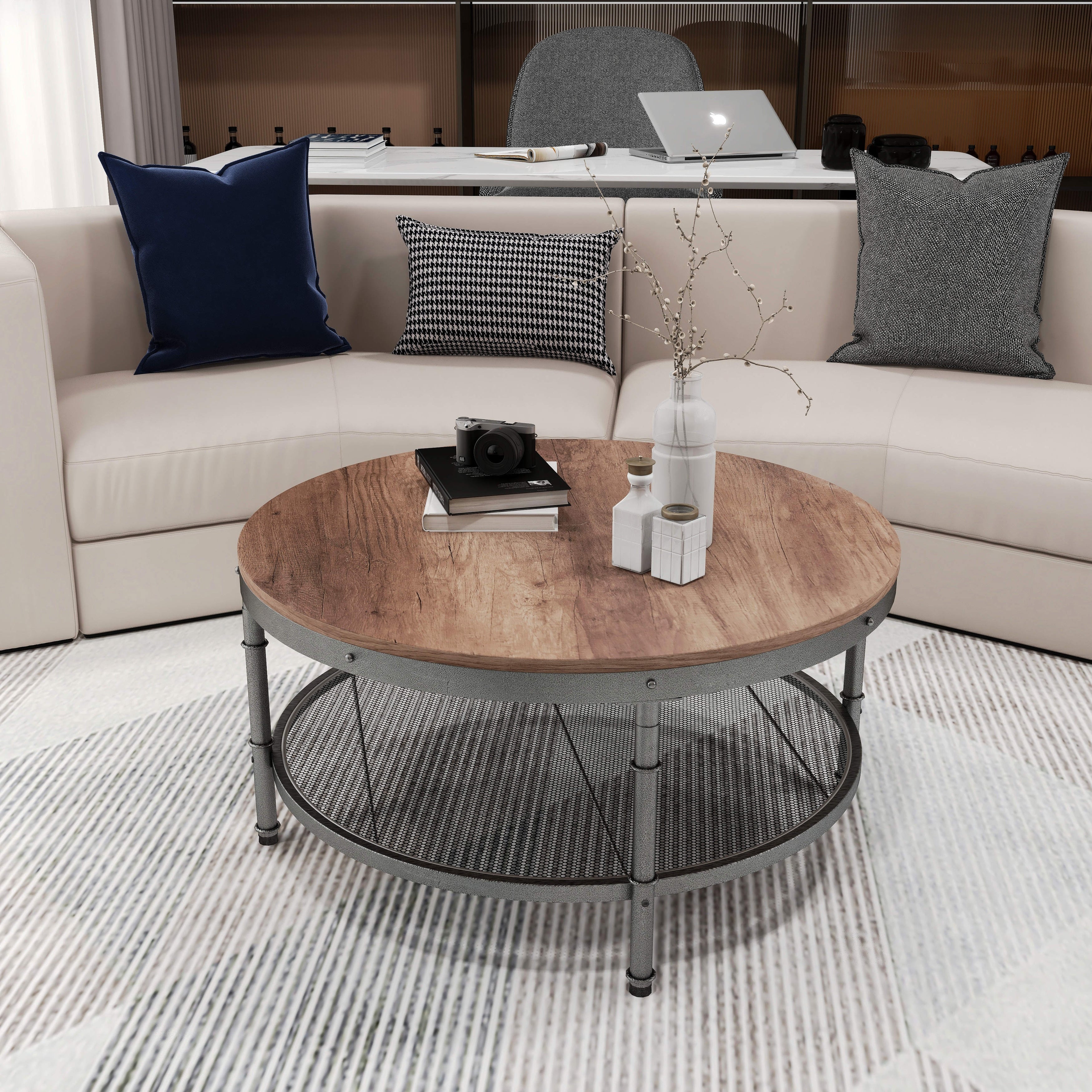 Modern Industrial Round Coffee Table with 3D Texture Metal Frame and Mesh