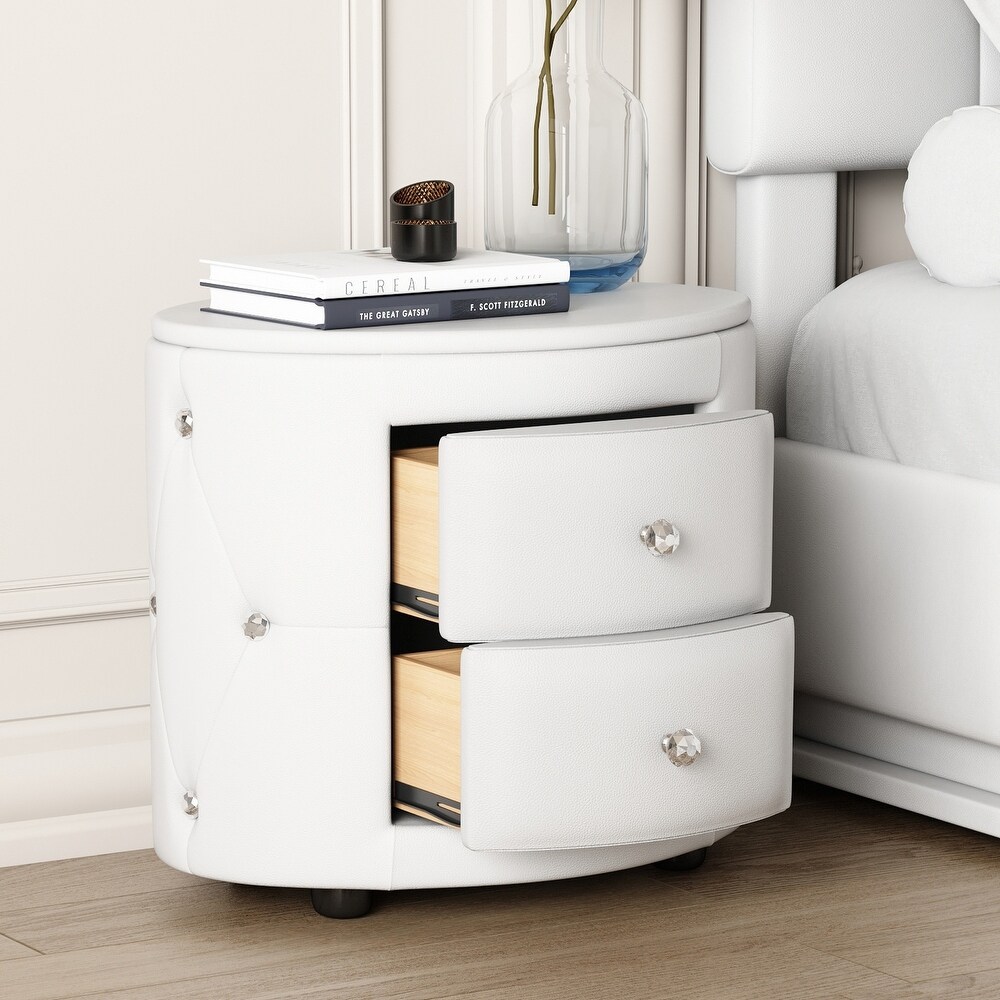 Elegant PU Nightstand with 2 Drawers and Crystal Handle