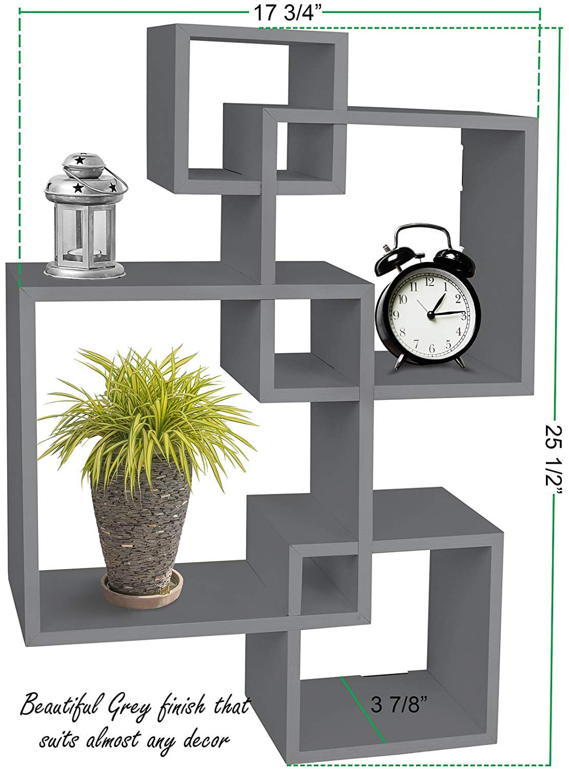 GreenCo Decorative 4 Cube Wall Shelves | Grey Shelves | Intersecting Wall Mounted Floating Shelves | Gray Finish