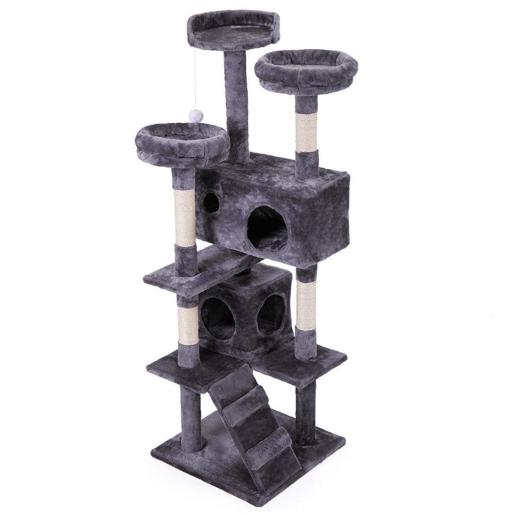 Cat Tree Cat Tower with Scratching Ball, Plush Cushion, Ladder and Condos for Indoor Cats, Gray H-D0102HE437A