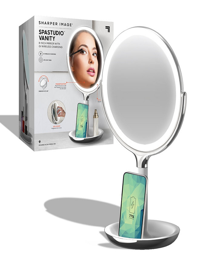 Sharper Image SpaStudio Vanity 8-inch Mirror with Built-In Qi Wireless Phone Charger  5X and 10X Magnification