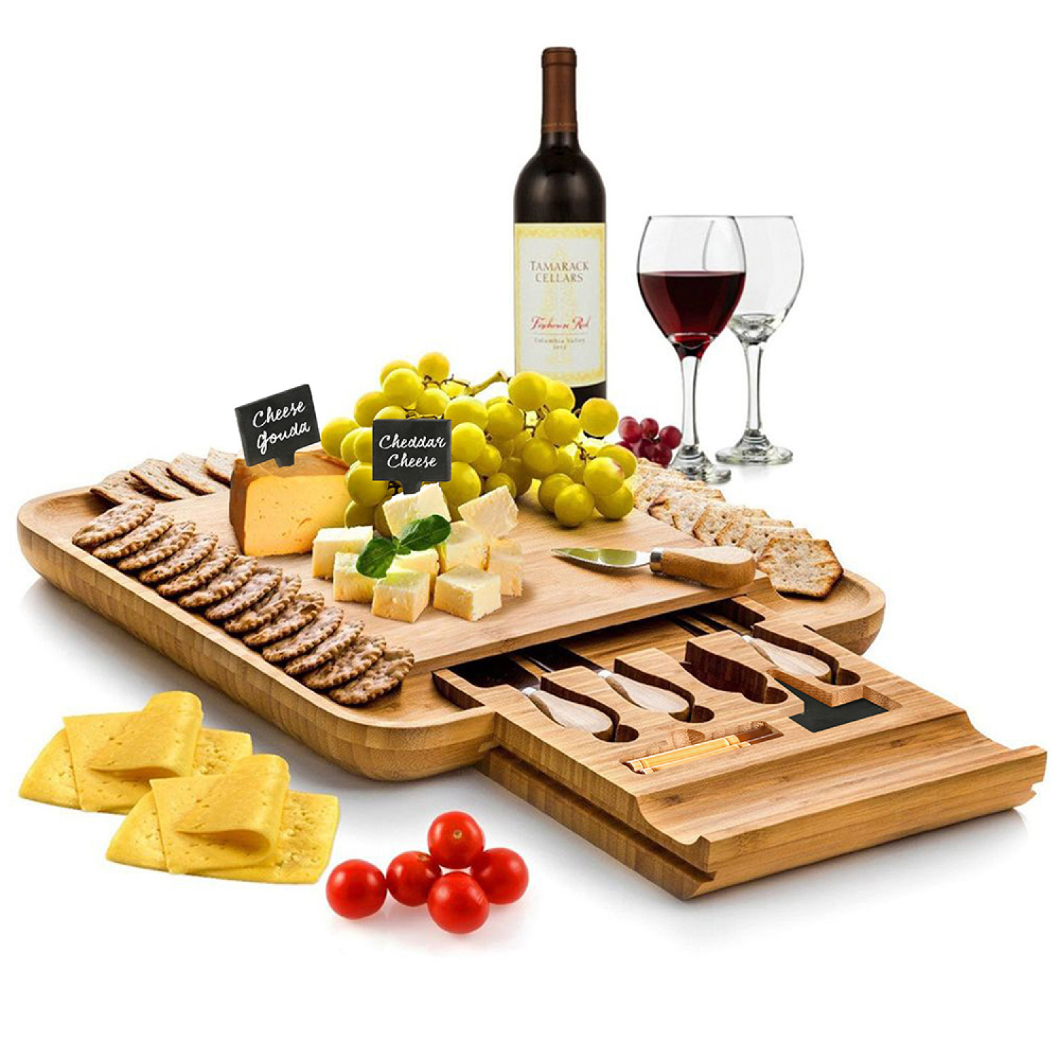 Bamboo Cheese Board with Cutlery Set，， Includes 4 Stainless Steel Serving Utensils， 3 Labels and 2 Chalk Markers