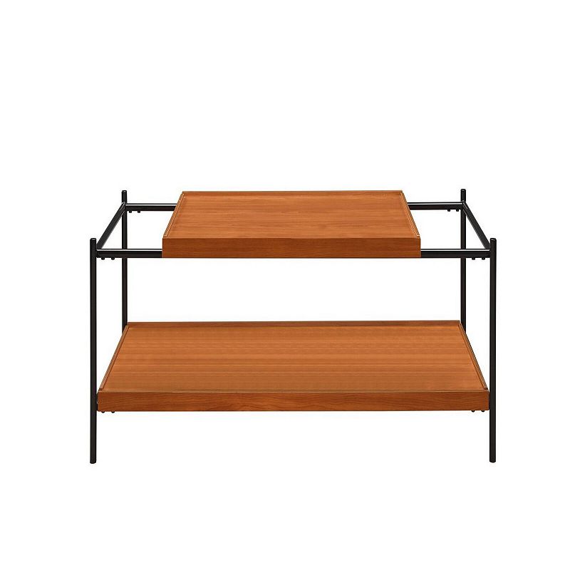 Rectangular Wooden Top Metal Frame Coffee Table， Oak Brown and Black