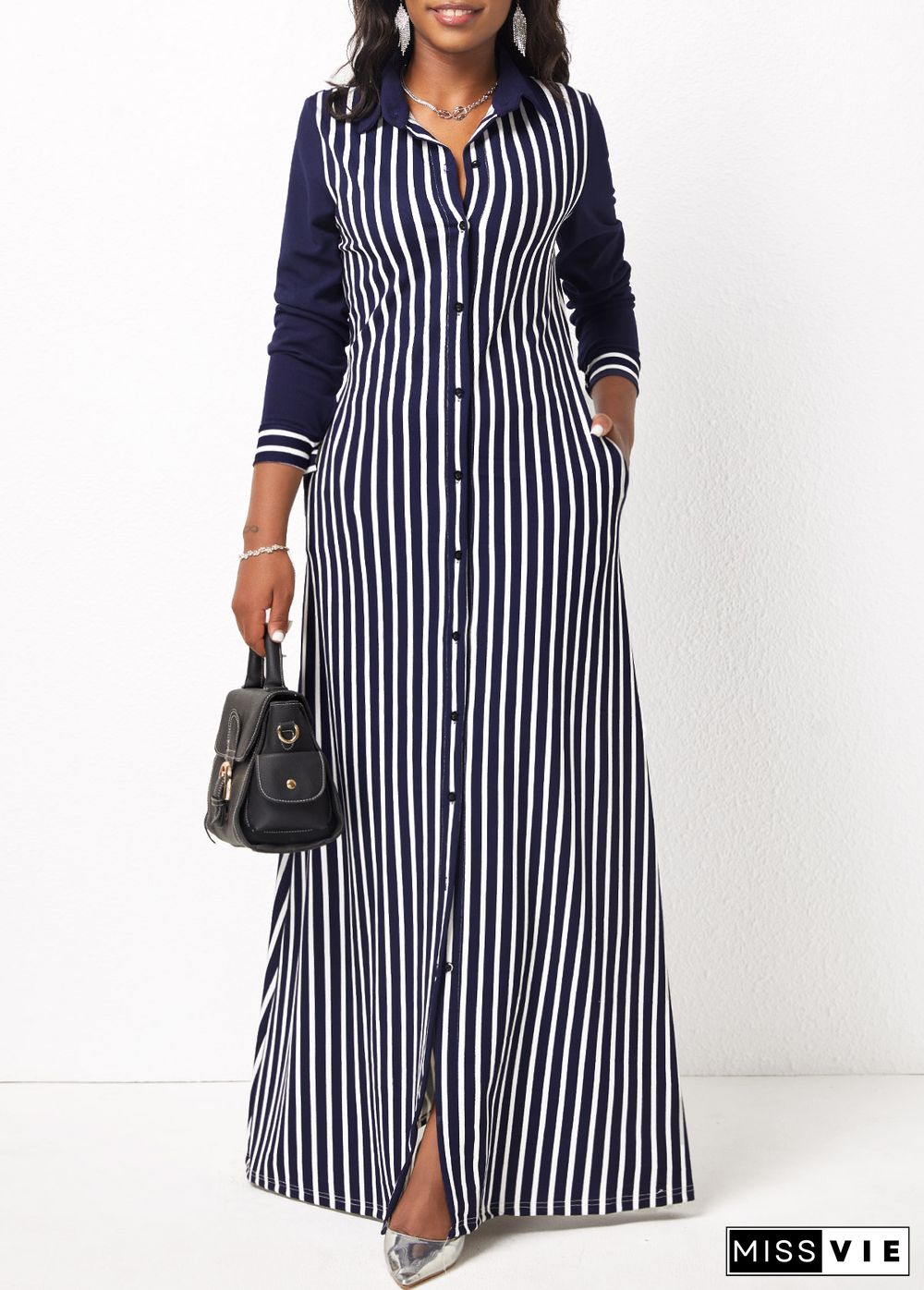 Striped Pocket H Shape Maxi Dress