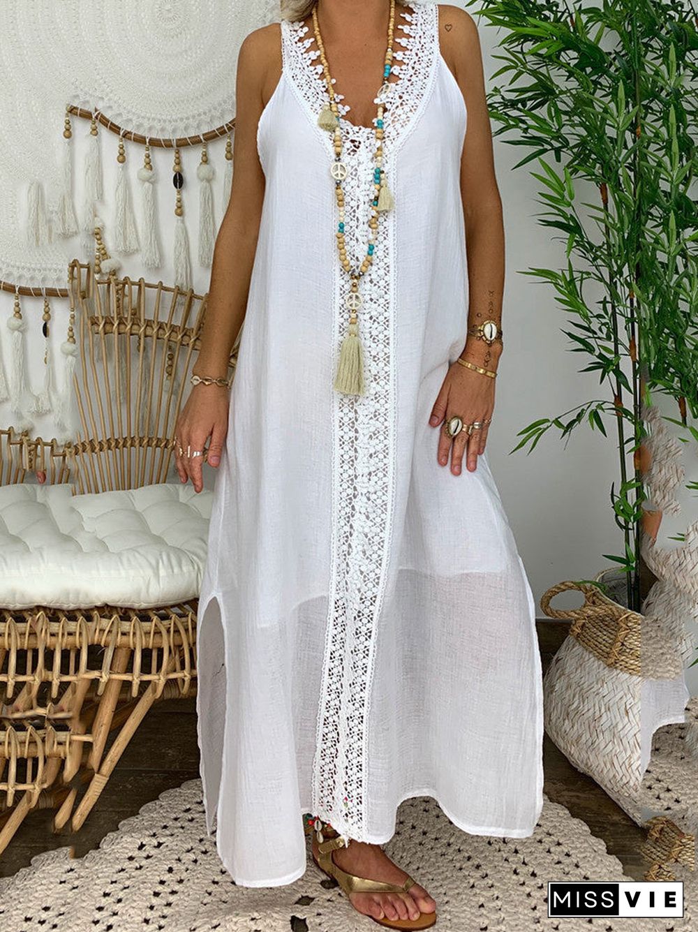 Women Sleeveless V-neck Solid Lace Stitching Maxi Dress