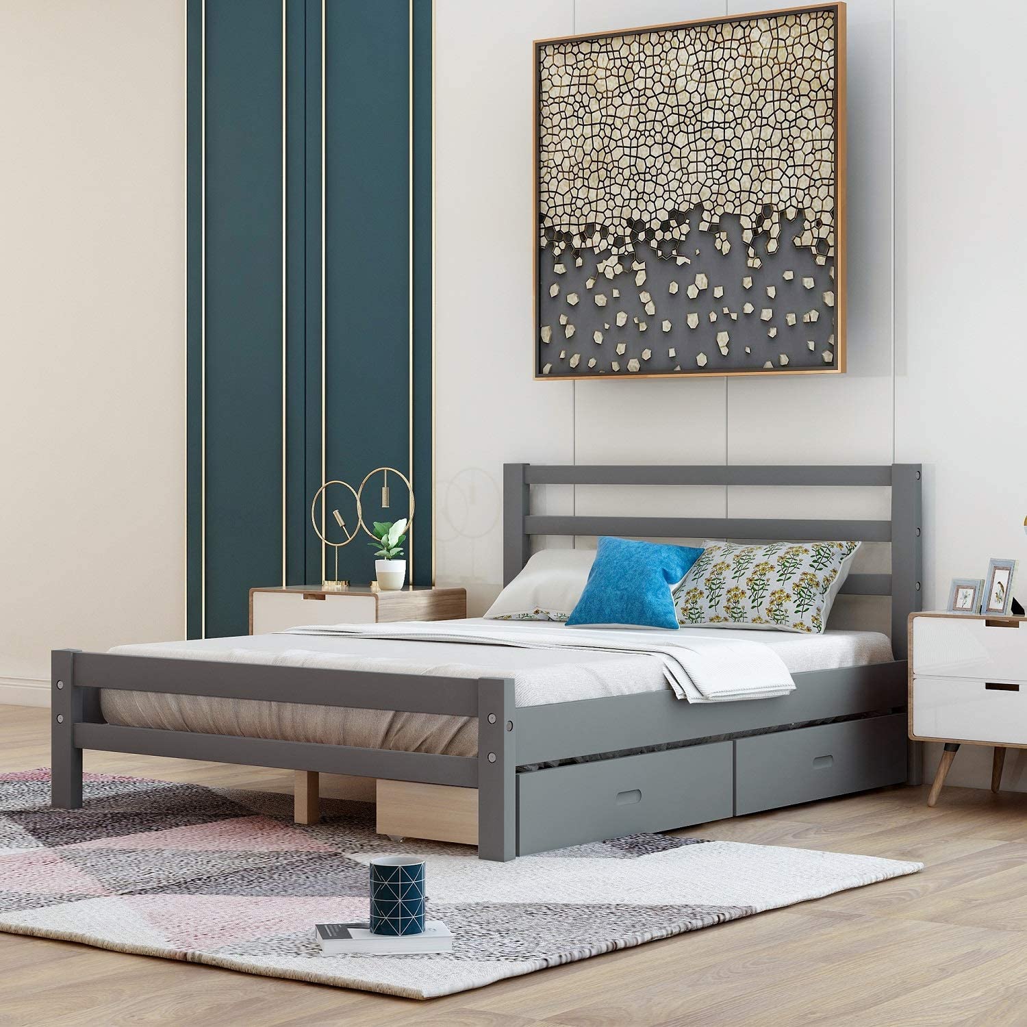 Rhomtree Wood Platform Bed with Storage Drawers Captain Bed with Headboard Footboard Mattress Foundation Kids Teens Bed (Full, Grey)