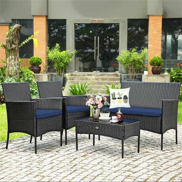 4 Pieces Patio Rattan Cushioned Sofa Set with Tempered Glass Table - Overstock - 37909376