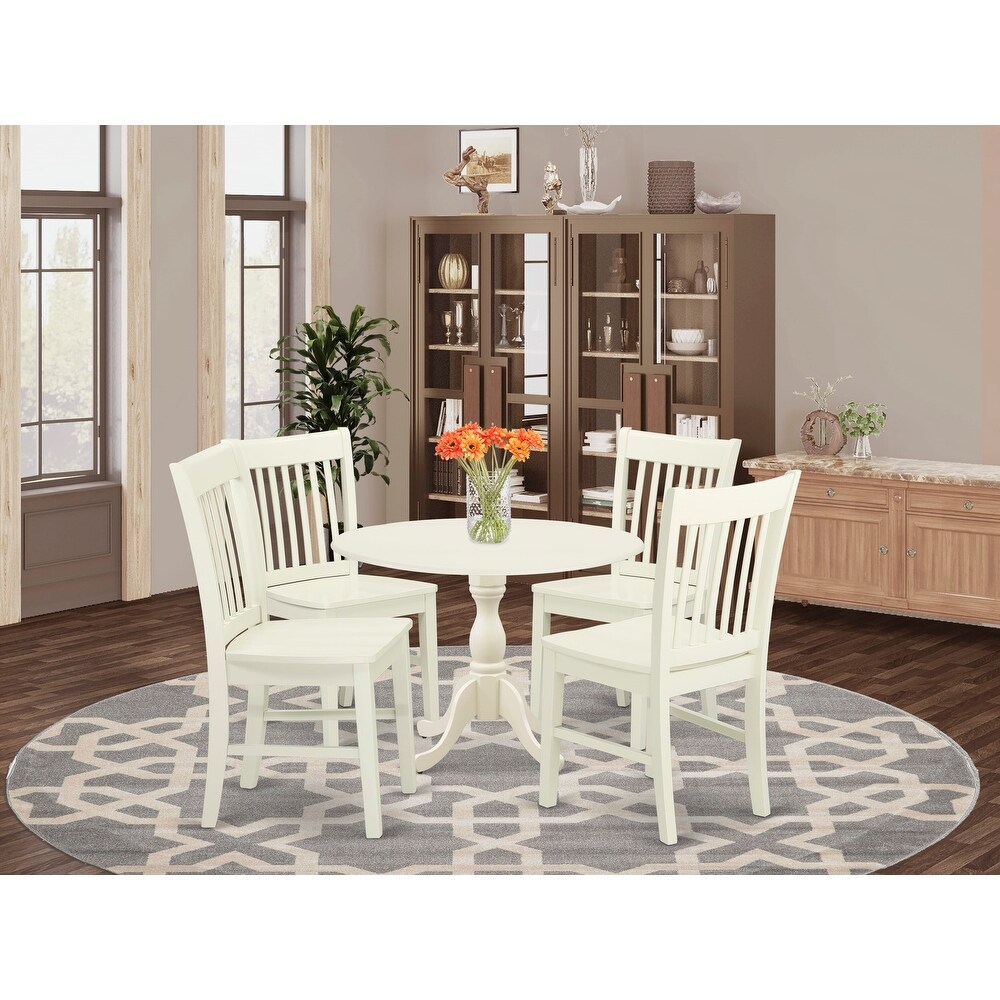 East West Furniture Dining Table Set  a Round Kitchen Table with Dropleaf and 4 Dinette Chairs  (Finish   Seat Options)