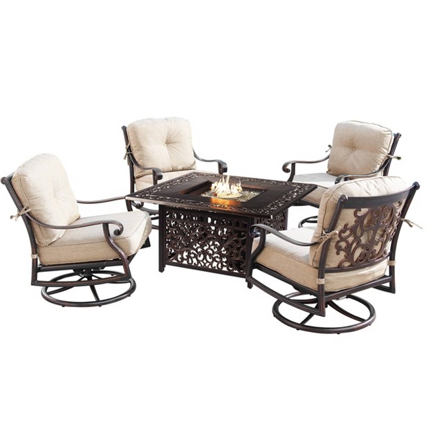 Square Outdoor Aluminum Fire Table amp Four Swivel Rocking Chairs amp Wind Block Oakland Living