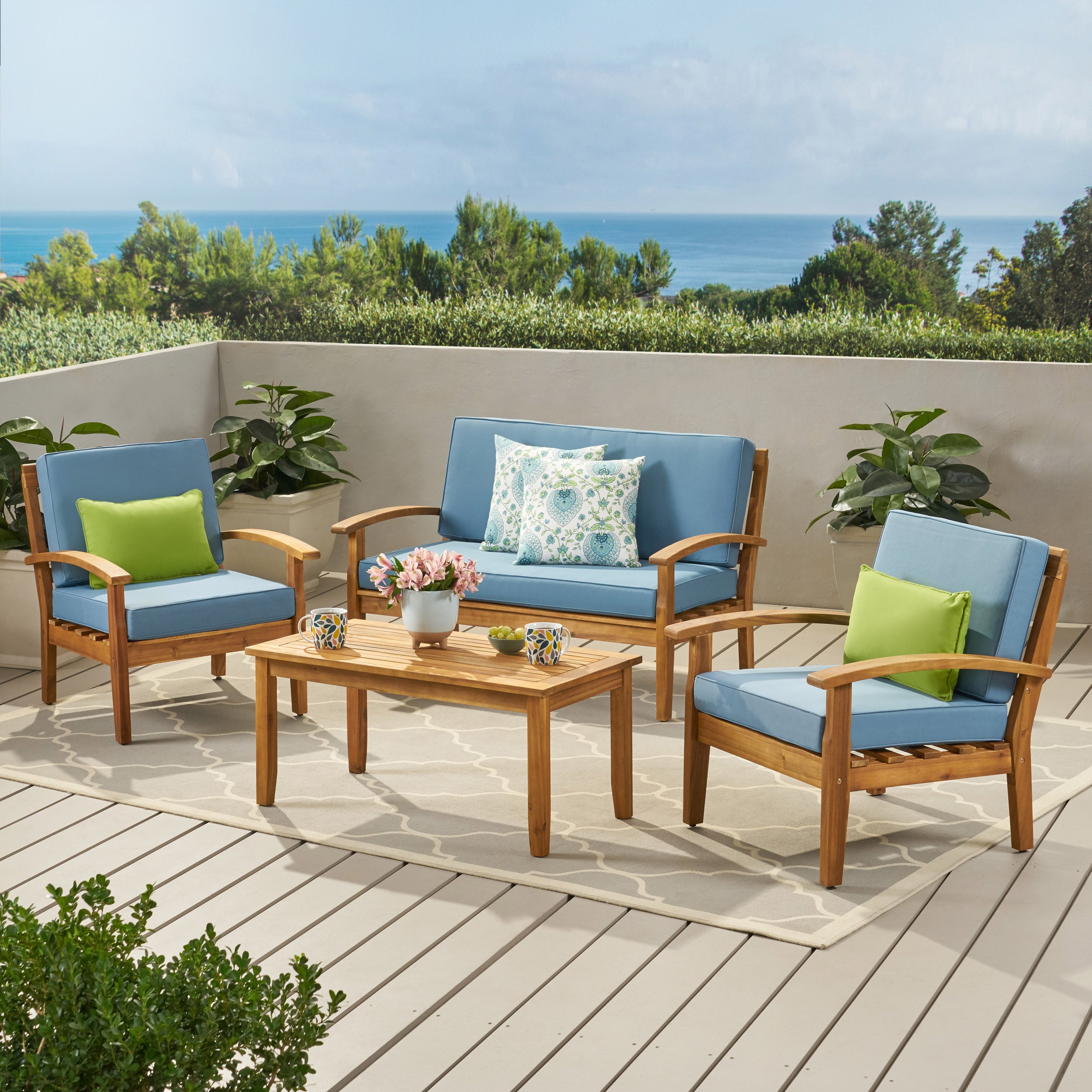 Peyton 4 Pc Acacia Wood Chat Set w/ Water Resistant Cushions