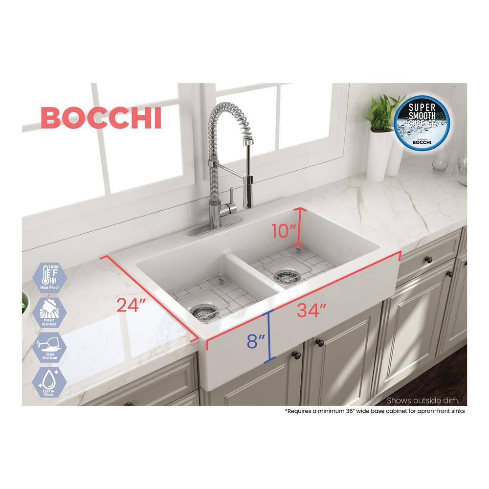 BOCCHI Nuova White Fireclay 34 in. Double Bowl Drop-In Apron Front Kitchen Sink with Protective Grids and Strainers 1501-001-0127