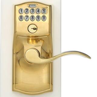 Schlage Camelot Bright Brass Electronic Keypad Door Lock with Accent Handle and Flex Lock FE595 CAM 505 ACC