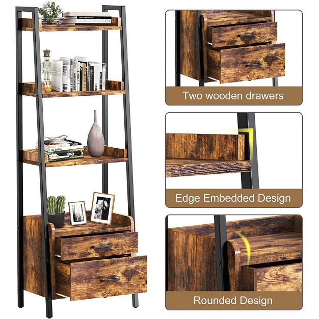 Fabato Bookshelf Bookcase W ladder Shelves Metal Frame amp 2 Organizing Drawers For Living Room Office Or Bedroom