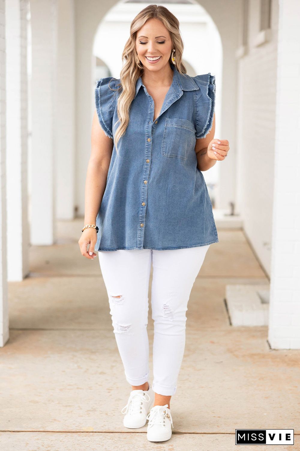 Blue Frayed Ruffle Sleeve Plus Size Denim Shirt