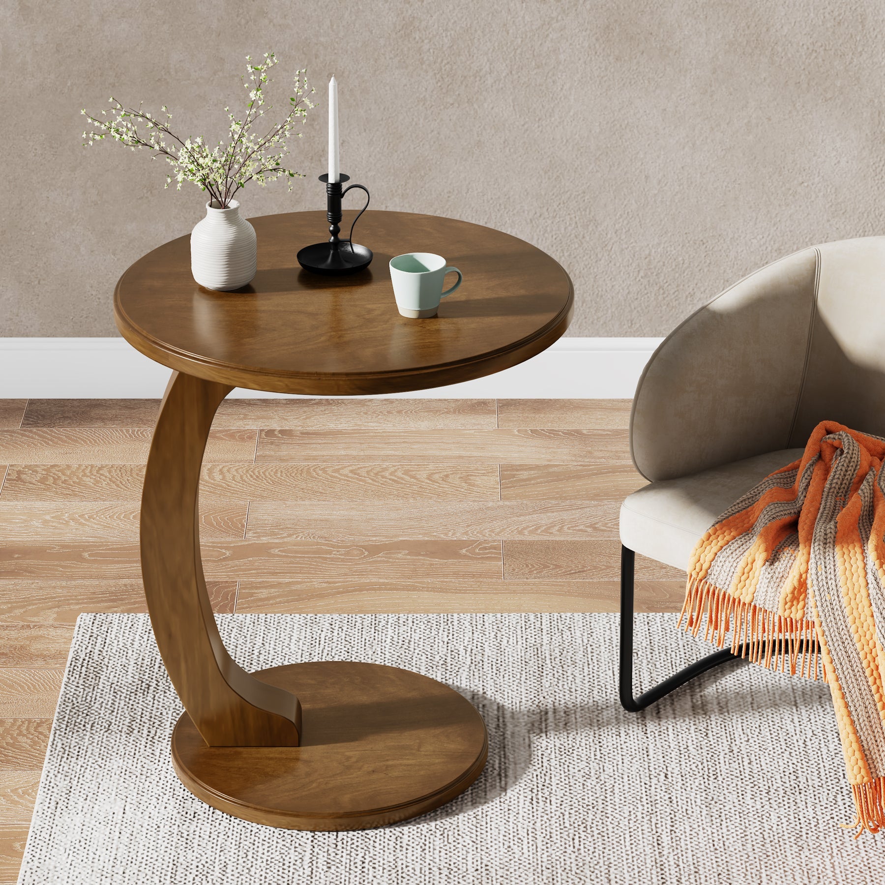 C-Shaped End Table, Round Solid Wood Side Table for Living Room