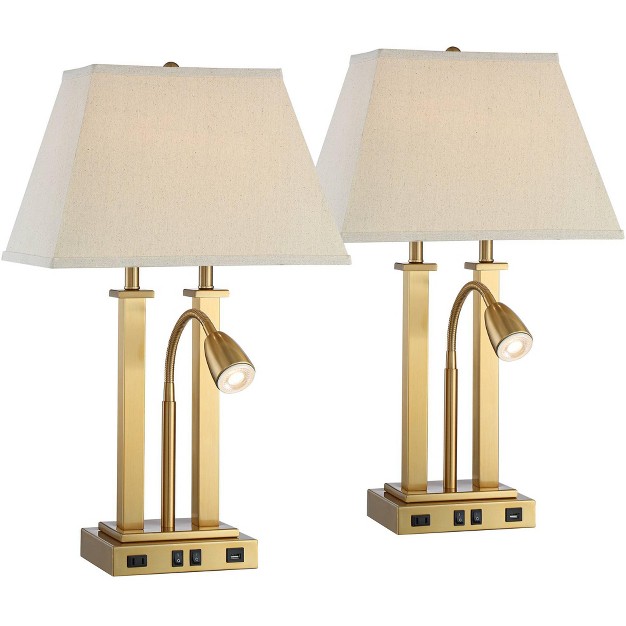 High Traditional Desk Lamps Set Of 2 Usb Port Ac Power Outlet Gooseneck Gold Brass Finish Metal Home Office Charging