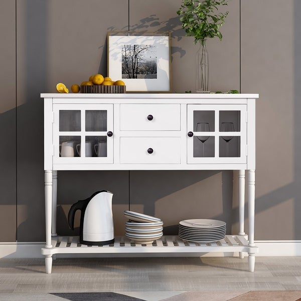 Farmhouse Distressed Sideboard Buffet Console Table with 2 Glass Front Cabinets， 2 Drawers and Slatted Bottom Shelf