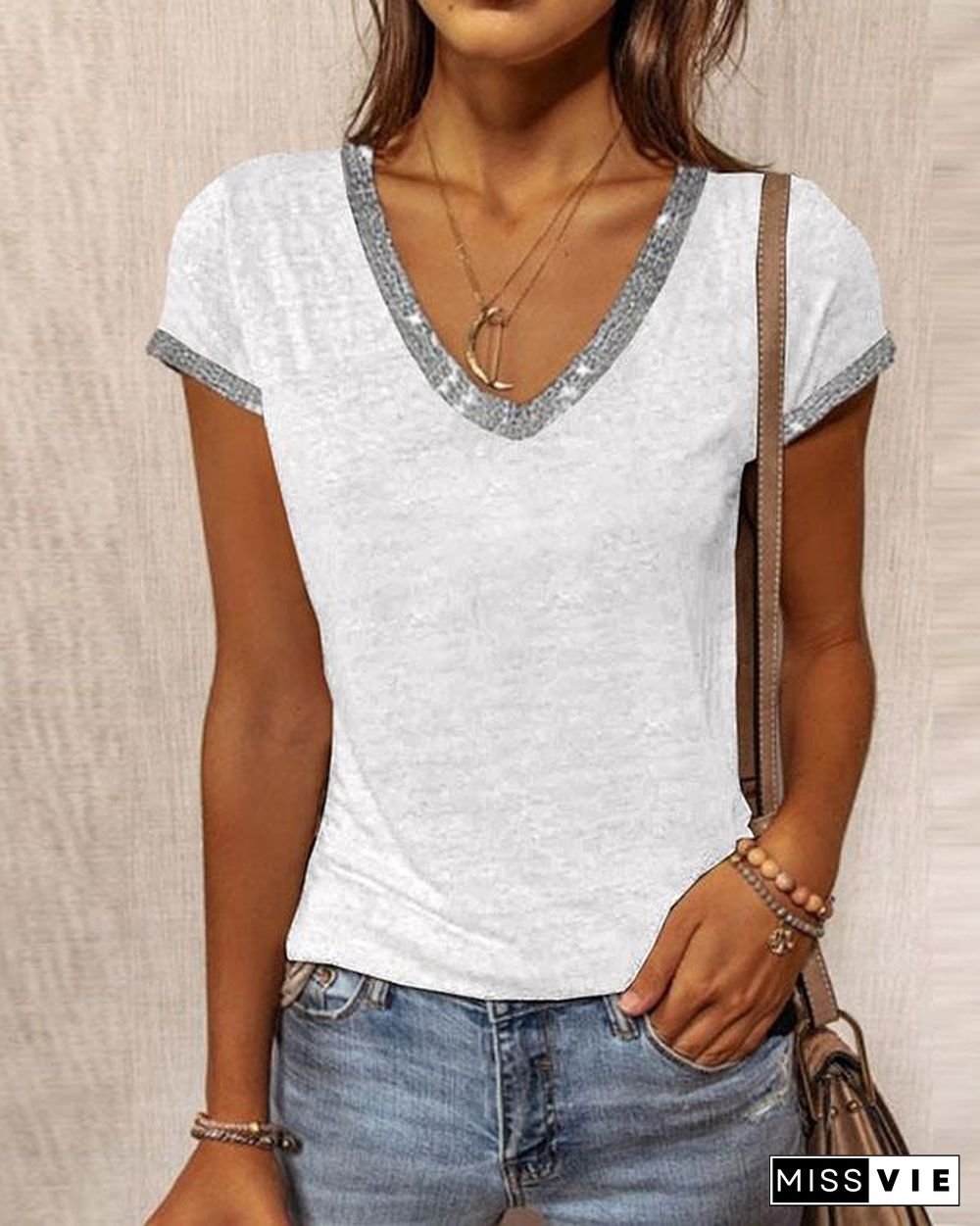 Fashion Contrast V Neck Slim Shirt&Top