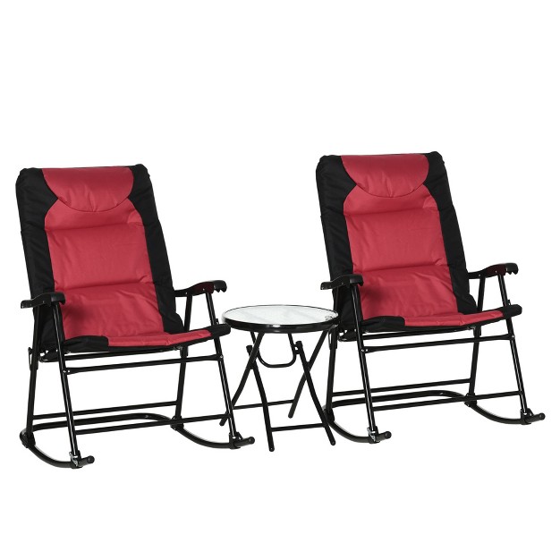 Outsunny 3 Piece Outdoor Patio Furniture Set With Glass Coffee Table amp 2 Folding Padded Rocking Chairs Bistro Style For Porch Camping Balcony