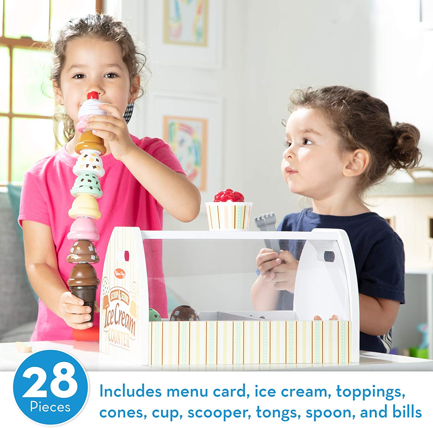 Melissa and Doug Wooden Scoop and Serve Ice Cream Counter (28 pcs) - Play Food and Accessories - Pretend Food， Ice Cream Toys， Ice Cream Shop Toys For Kids Ages 3+