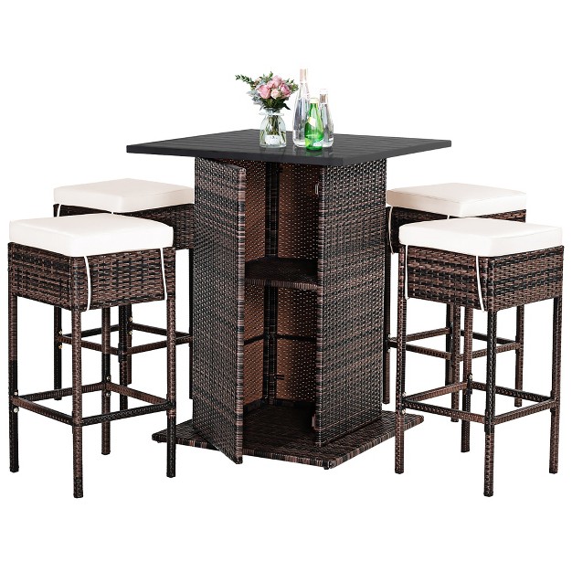 Costway Patio 5pcs Rattan Bar Table Stool Set Hidden Storage Shelf Cushioned