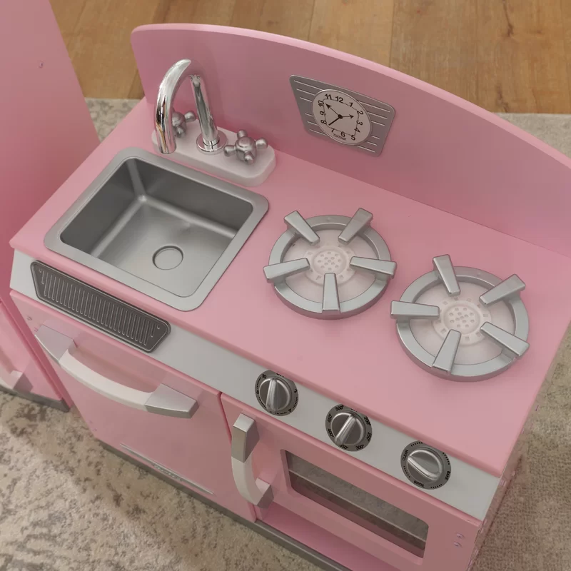 KidKraft Retro Wooden Play Kitchen and Refrigerator 2-Piece Set with Faucet， Sink， Burners and Working Knobs， Pink， Gift for Ages 3+