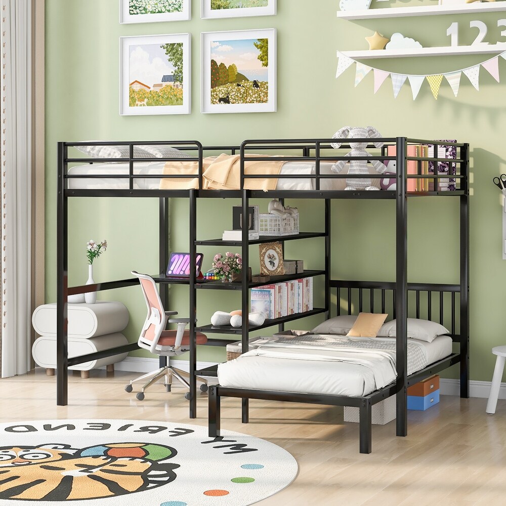 Full Over Twin Metal Bunk Bed  L Shaped Loft Bed Frame with Built in Desk  Shelves  Ladder  Storage Shelves  Black