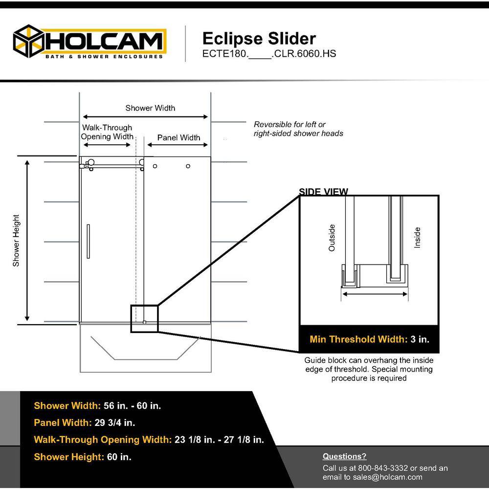 Holcam Eclipse 60 in. W x 60.5 in. H Frameless Sliding Tub Door in Matte Black ECTE180.MBL.CLR.6060.HS