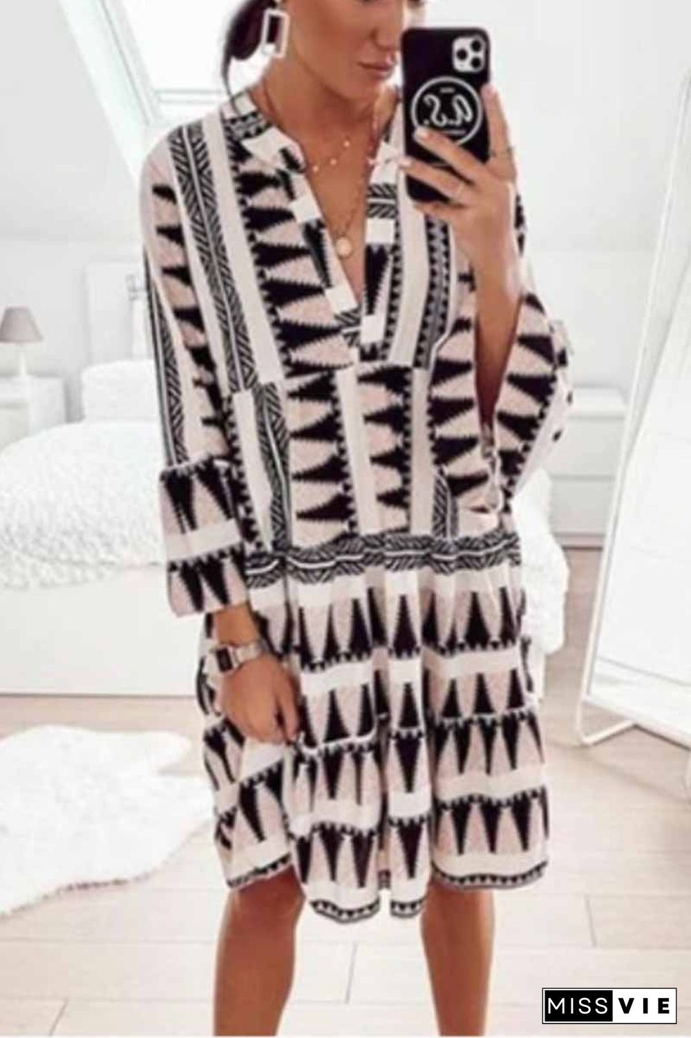 Geometric Print V-Neck Mini Dress