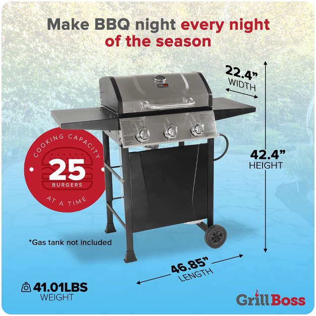 Grill Boss Outdoor Bbq Burner Propane Gas Grill For Barbecue Cooking With Side Burner Lid Wheels Shelves And Bottle Opener