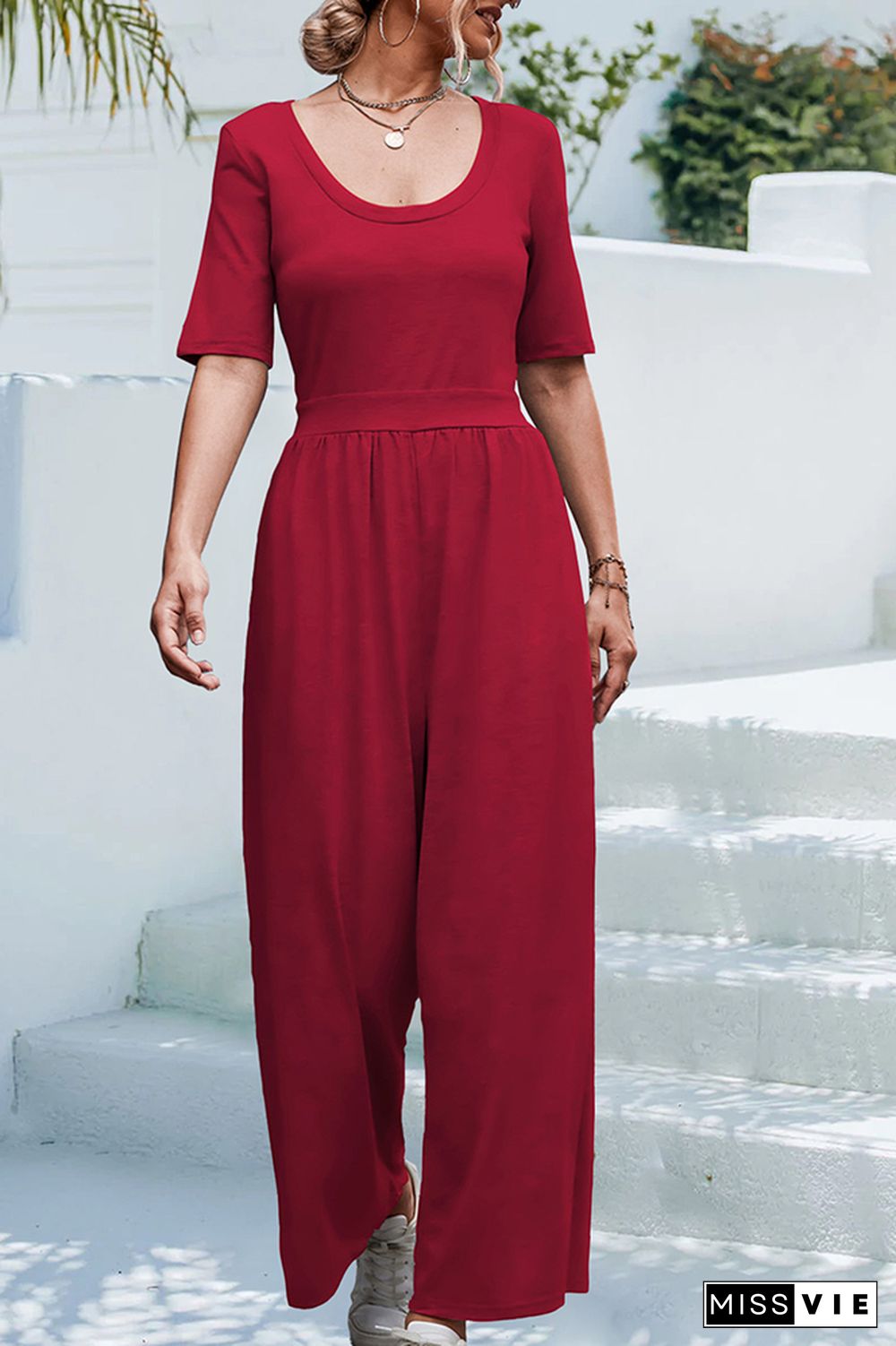 Plain U Neck High Waist Wide Leg Jumpsuit