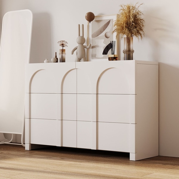 White French Style 6 Drawer Double Dresser， Rubber Wood Accent Storage Cabinet with Arch Door， Closet Chest of Drawers - - 37838436