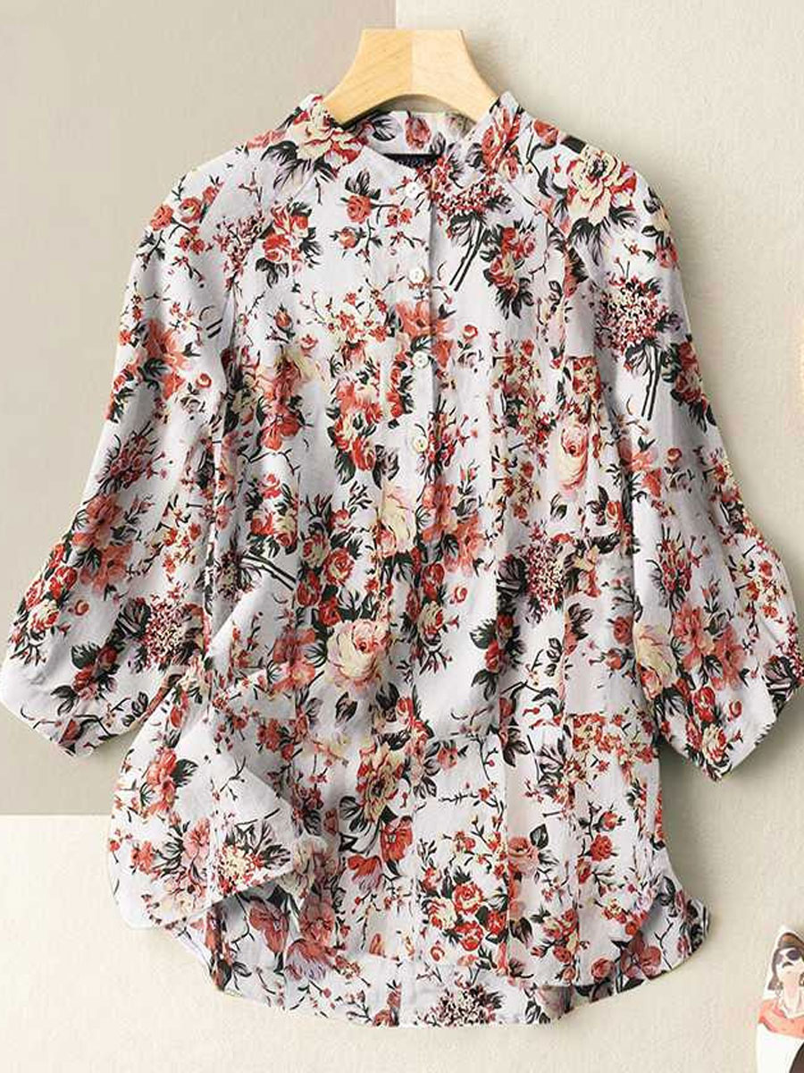 Casual Loose Floral Print Long Sleeve Blouse