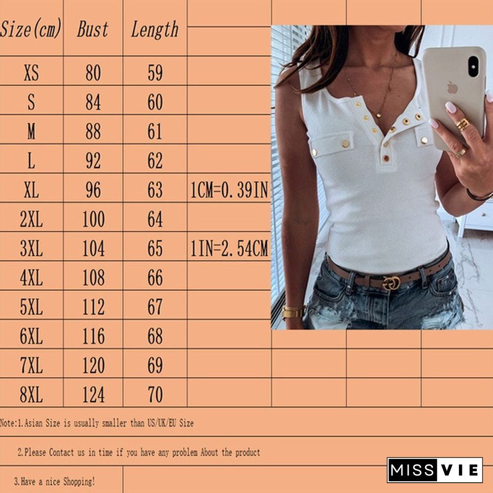 XS-8XL Summer Tops Plus Size Fashion Clothes Women's Casual V-neck Button Up Shirts Solid Color Off Shoulder Blouses Ladies Cotton Slim Fit Vest Sleeveless Tank Tops