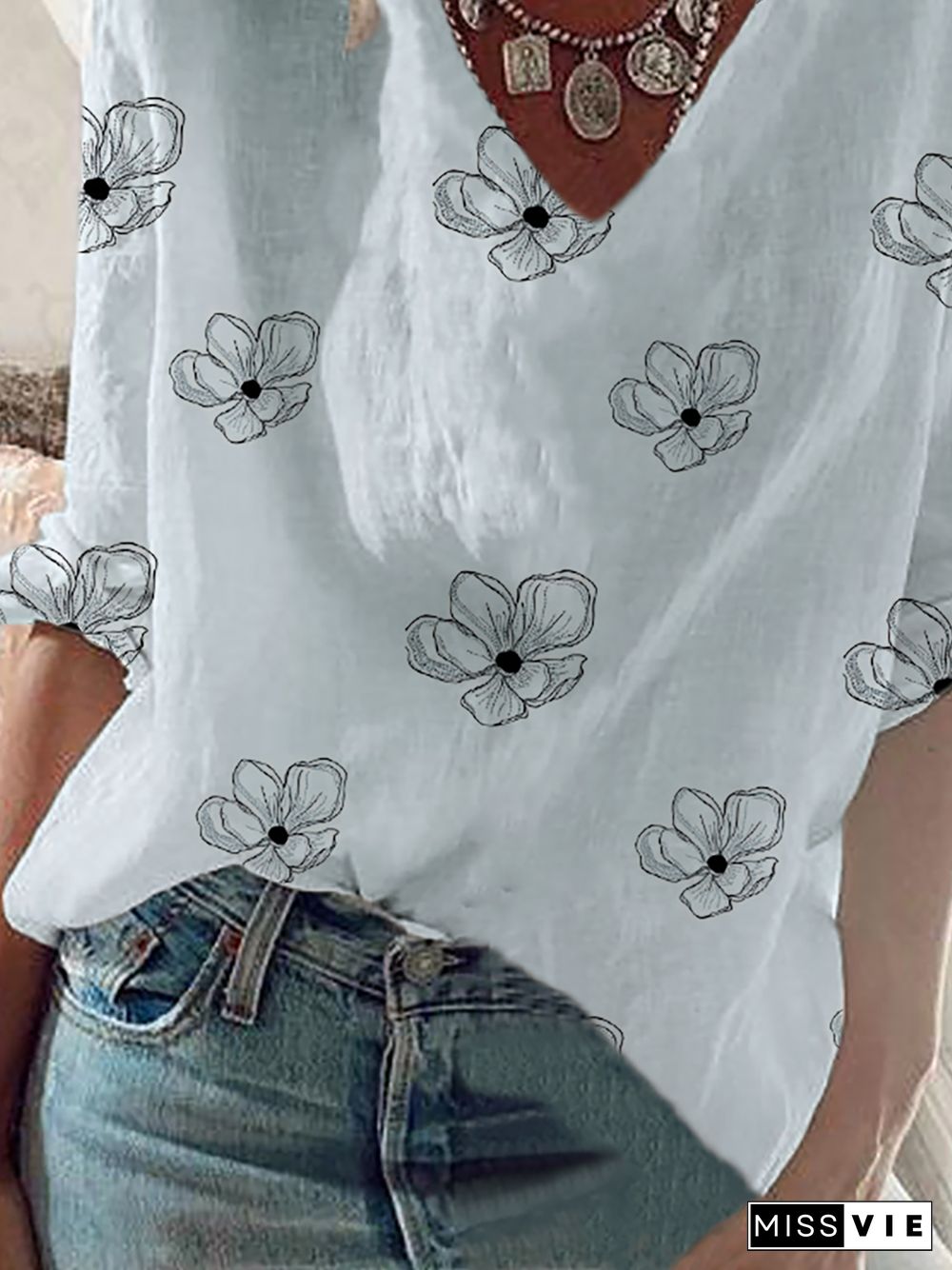 Plus size Boho Floral V Neck Blouse