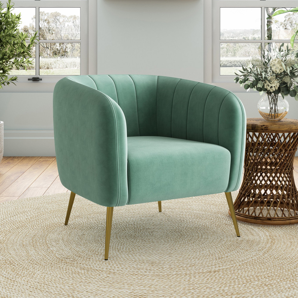 Accent Chair  Rounded Design With Golden Legs and Channel Tufted Back  Turquoise   Midcentury   Armchairs And Accent Chairs   by Declusia  Houzz