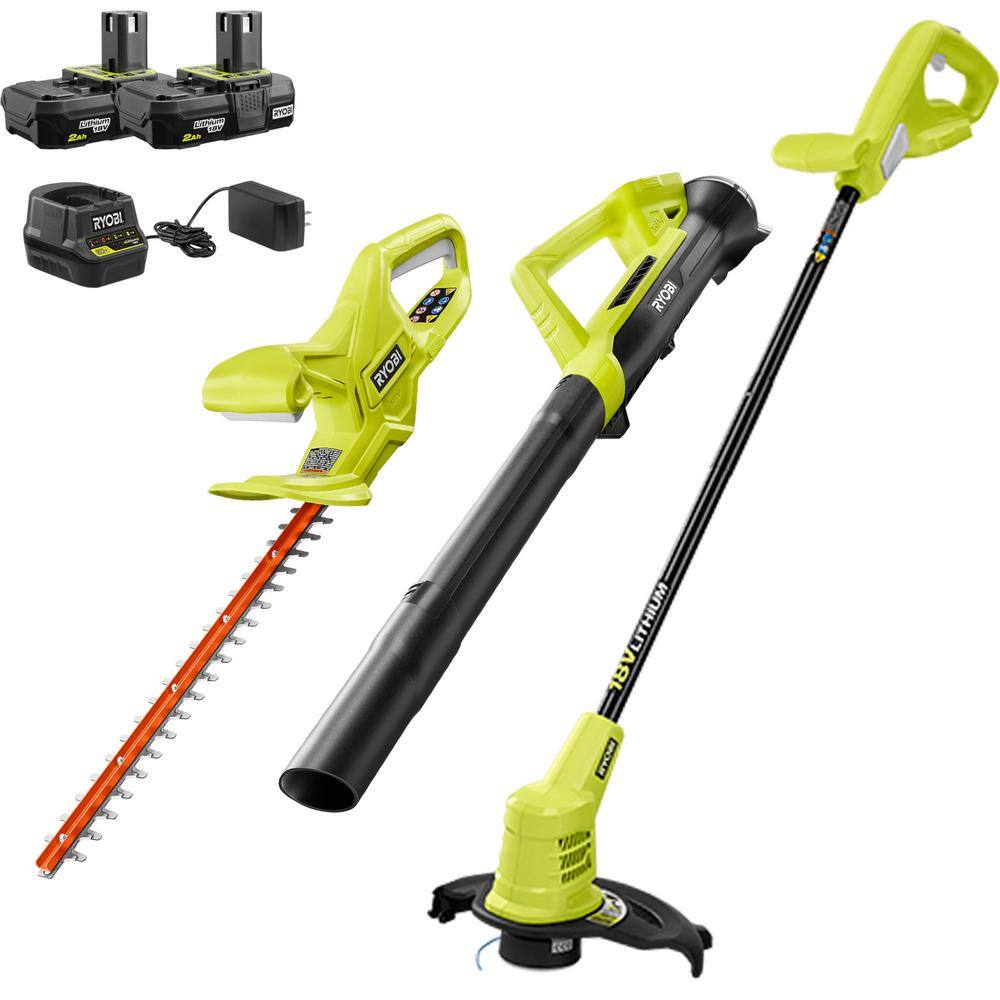 RYOBI ONE+ 18V Cordless Battery String TrimmerEdger Hedge Trimmer Blower (3-Tool) w (2) 2.0 Ah Batteries and Charger P20131