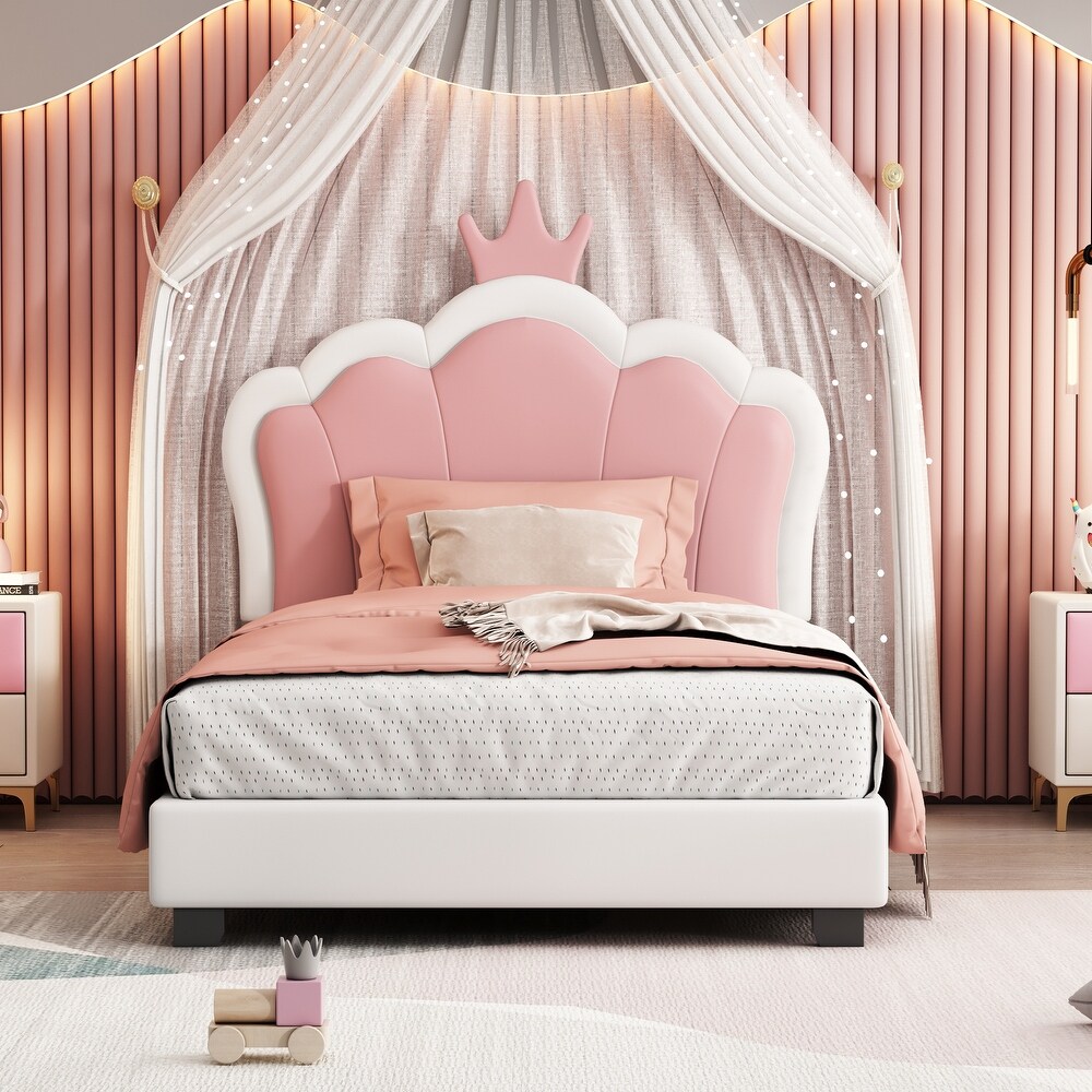 Twin size Upholstered Princess Bed With Crown Headboard and Footboard