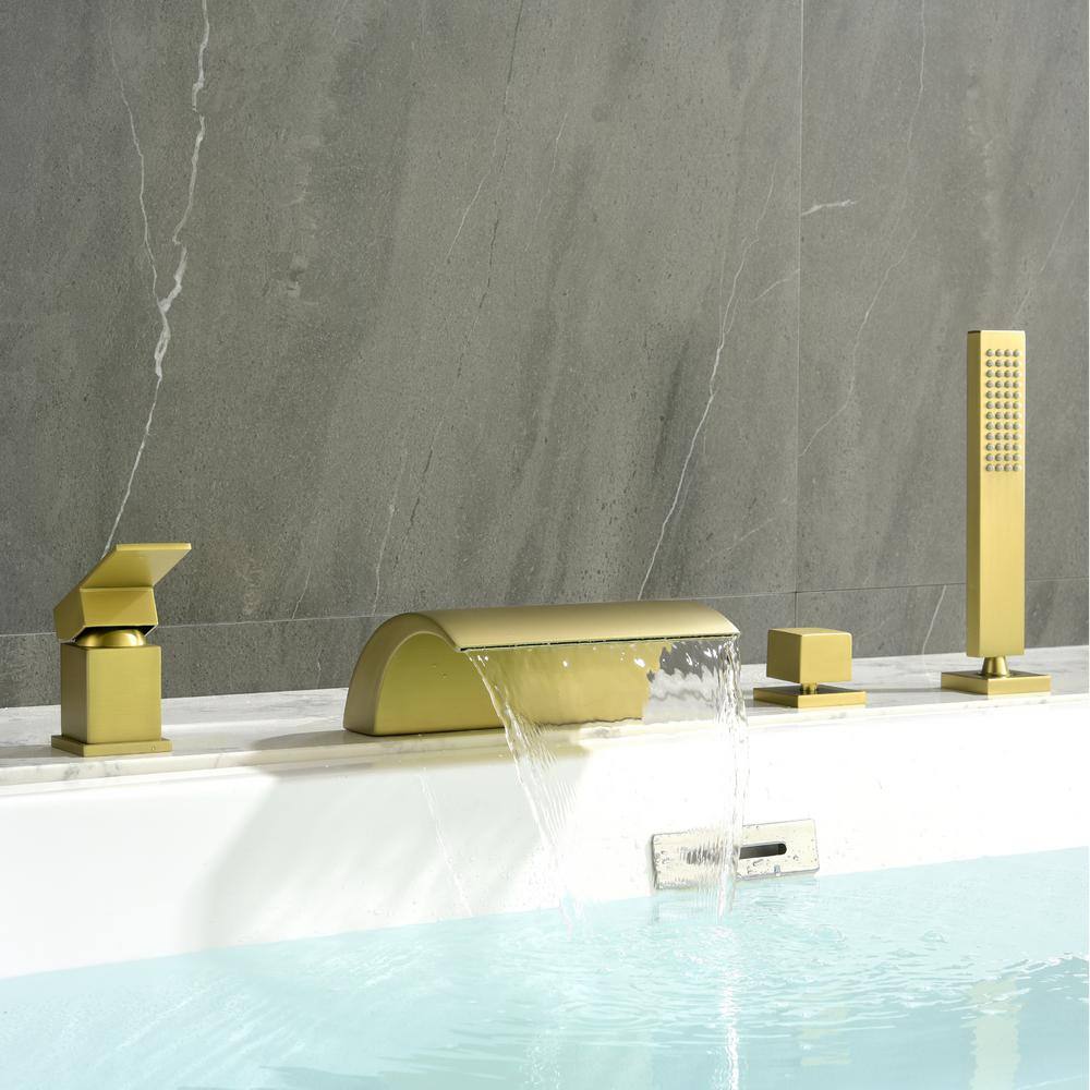 Nestfair 2-Handle Deck Mount Roman Tub Faucet with Hand Shower in Brushed Gold SMD720G