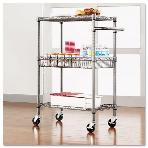 Alera Three-Tier Wire Cart with Basket， Metal， 2 Shelves， 1 Bin， 500 lb Capacity， 28