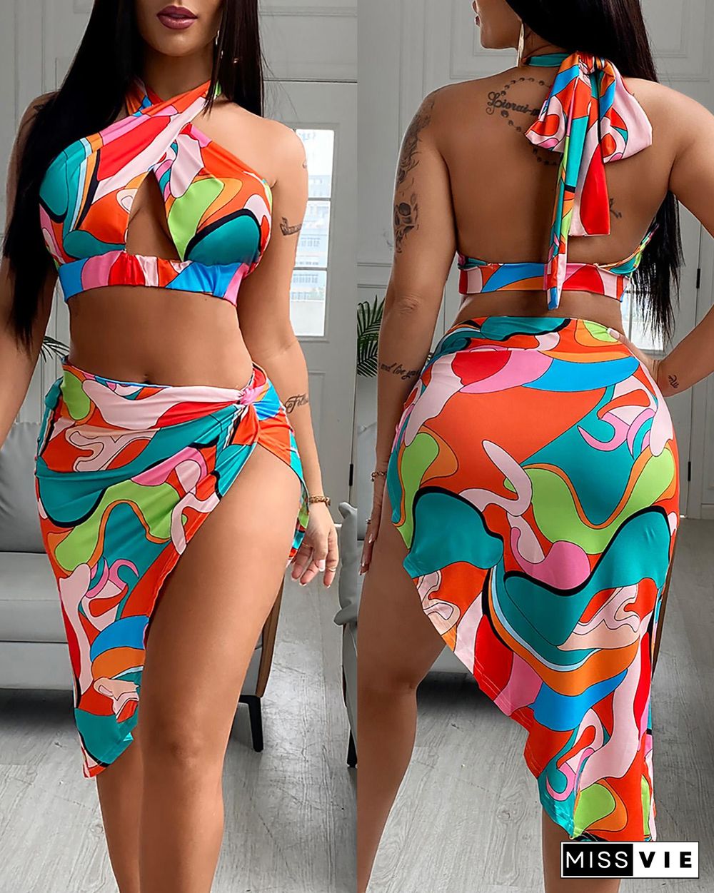 Colorblock Cutout Crop Top & Twisted Midi Skirt Set