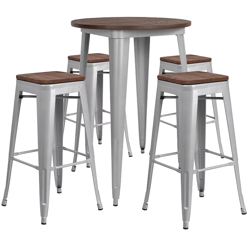 Emma and Oliver 30 Round Silver Metal/Wood Bar Table Set - 4 Backless Stools