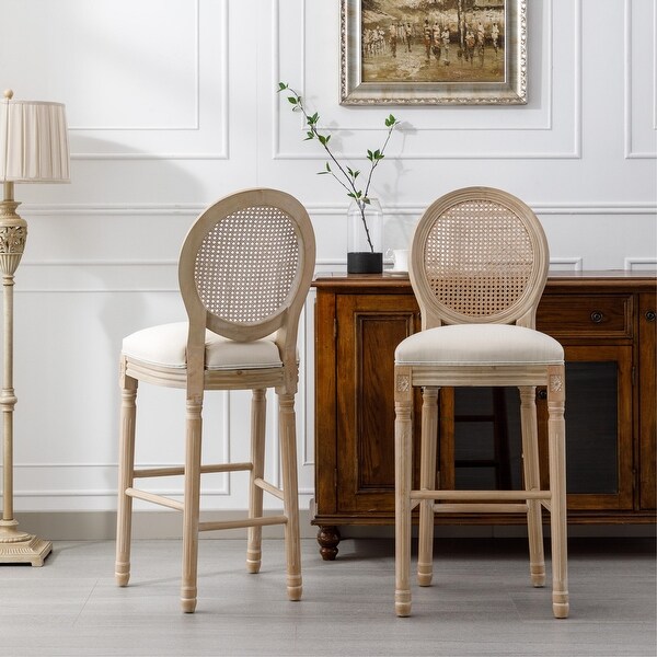 2pcs French Style Barstools with Upholstered Seating and Rattan Back