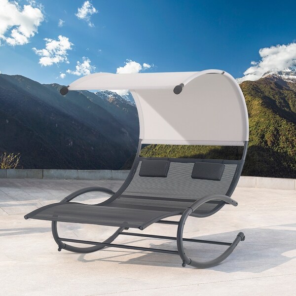 Outdoor Double Chaise Lounge Chair Rocking Lounger with Sunshade Canopy