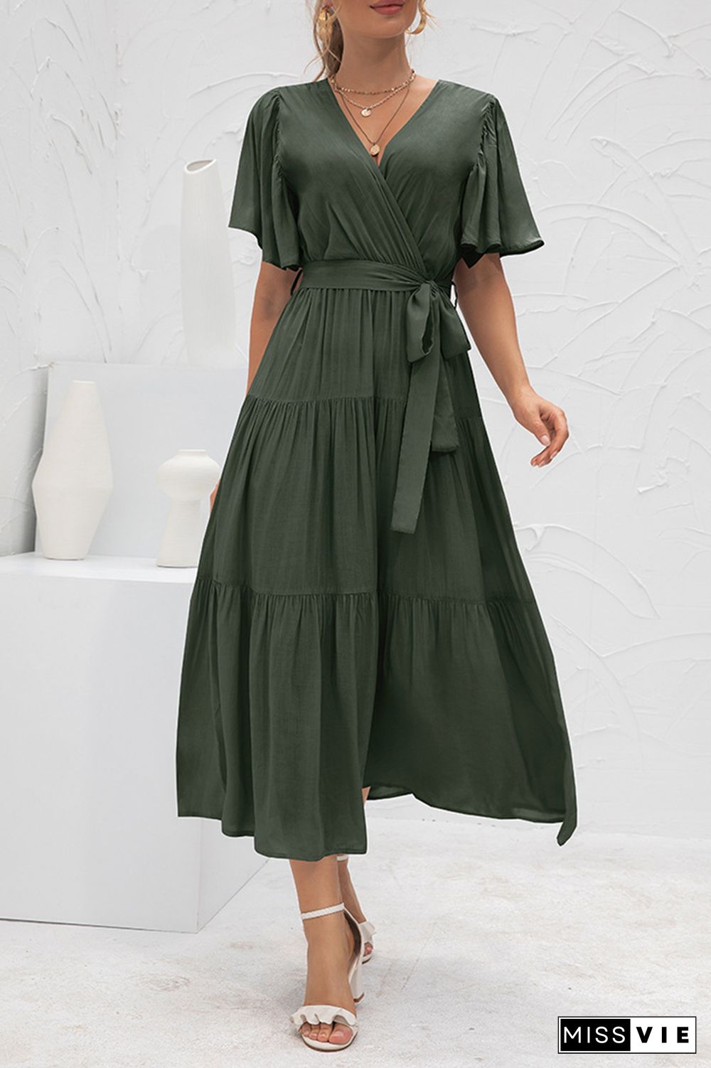 Elegant Solid Split Joint With Belt V Neck Cake Skirt Dresses