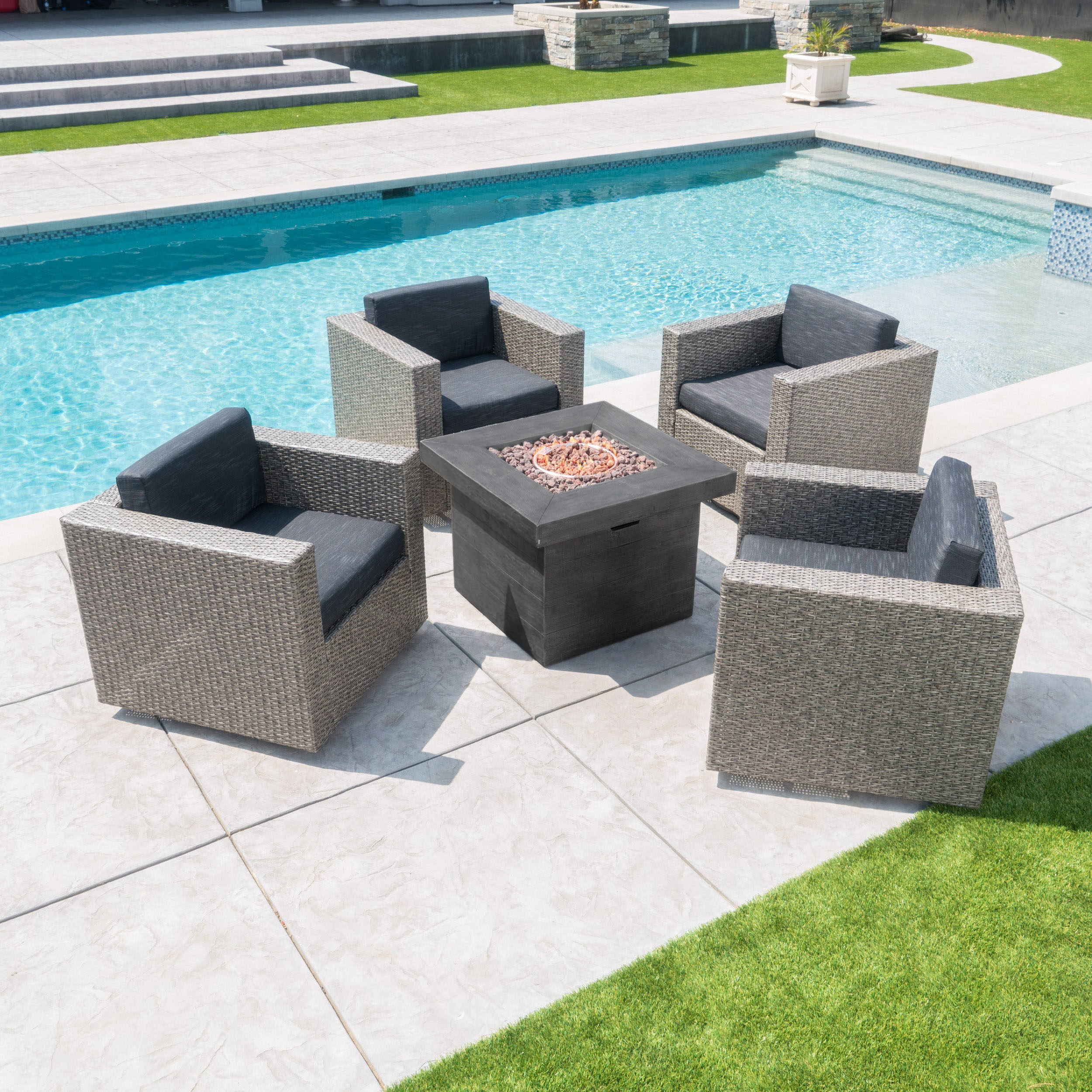 Venice Outdoor 5 Piece Chat Set with Mixed Black Wicker Chairs and Fire Pit