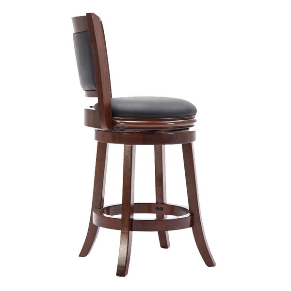 Round Wooden Swivel Counter Stool with Padded Seat and Back， Cherry Brown - 37.5 H x 18 W x 19.5 L Inches