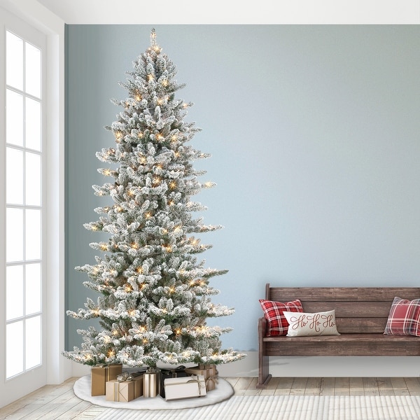 Puleo International 9 ft PreLit Slim Flocked Royal Majestic Artificial Spruce Tree