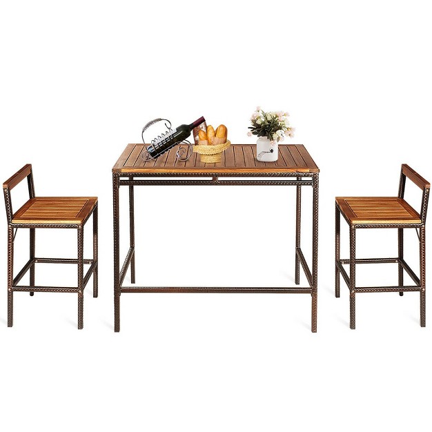 Costway 3 Pcs Patio Rattan Wicker Bar Wood Table Chair Outdoor